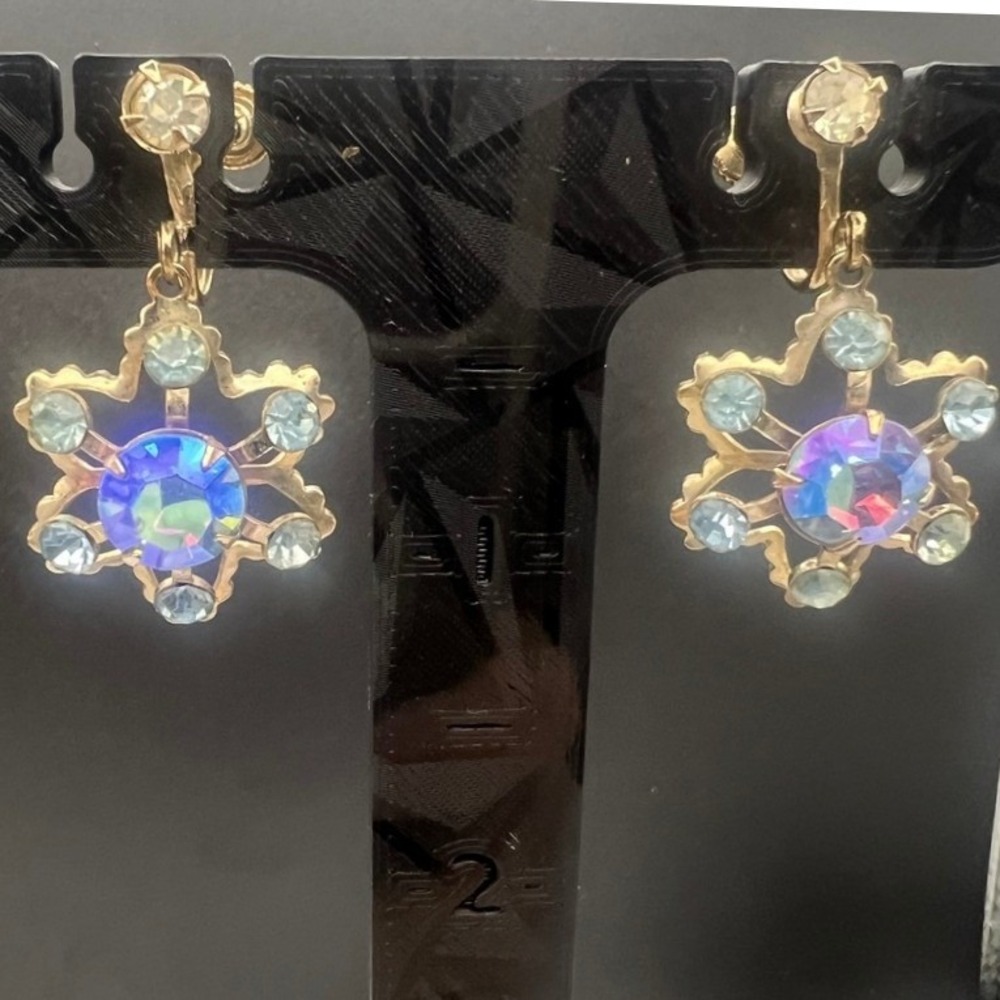Vintage Rhinestone Blue AB Earrings Dangle Screw Back Star Atomic Gold Tone 1"